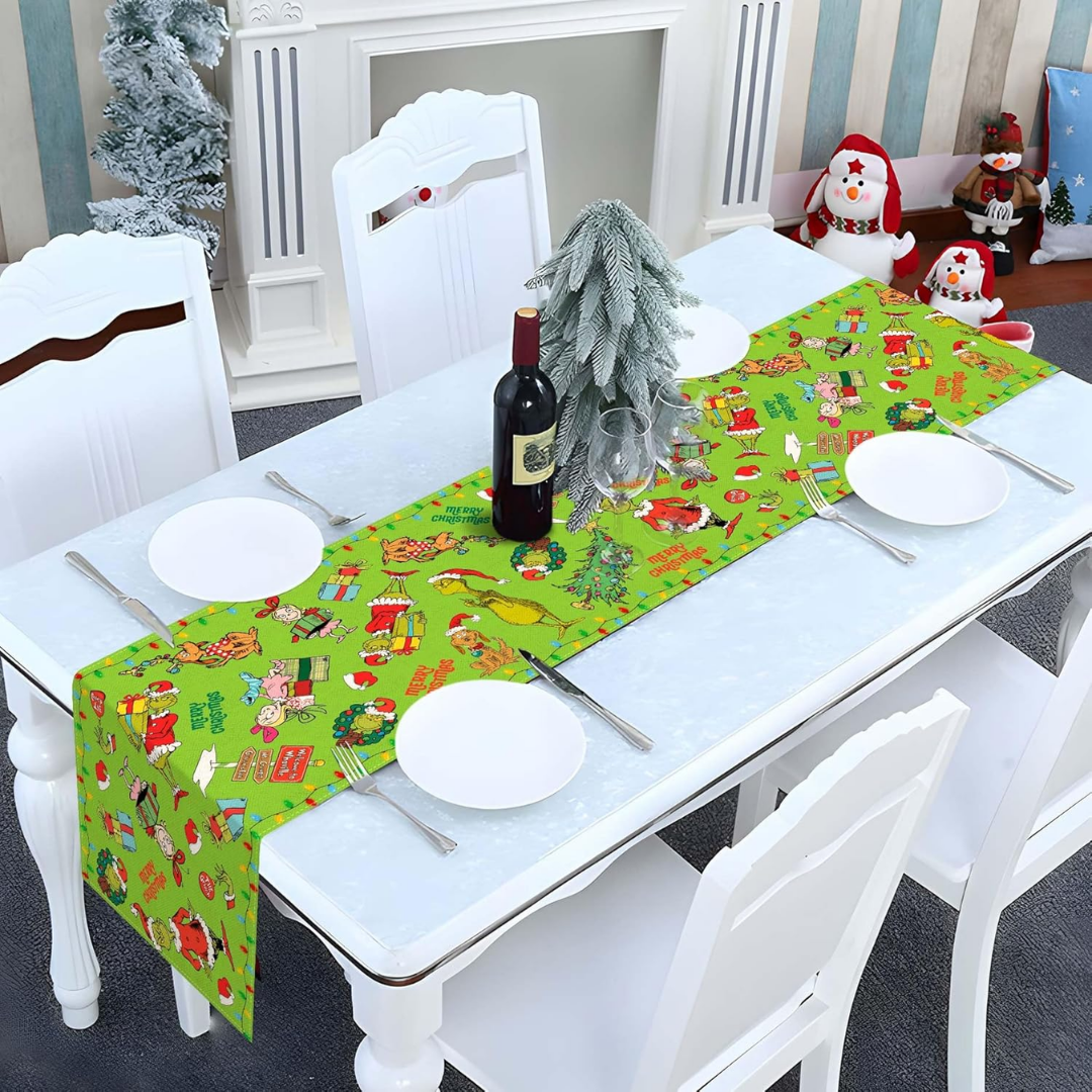 Camino de Mesa Navideño Verde con Diseño del Grinch