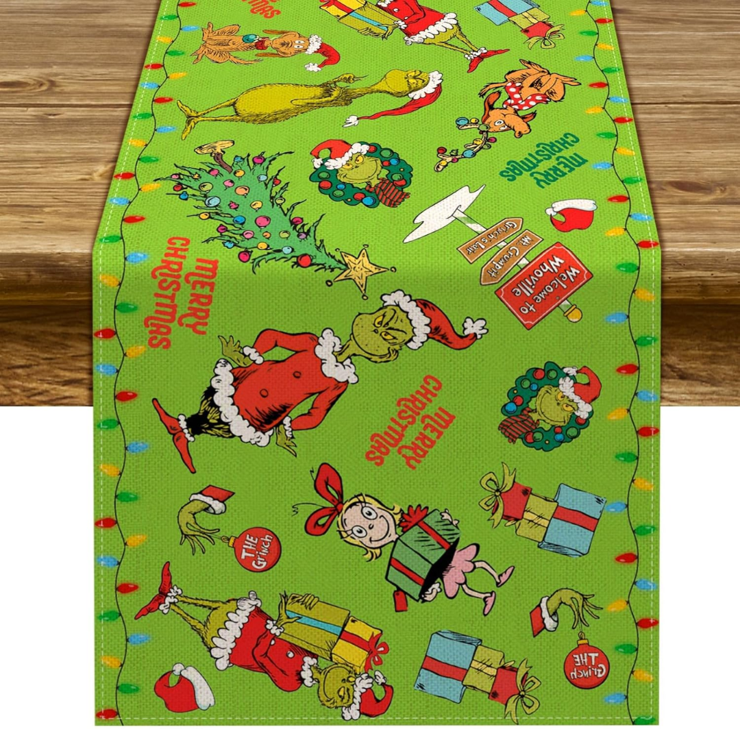 Camino de Mesa Navideño Verde con Diseño del Grinch