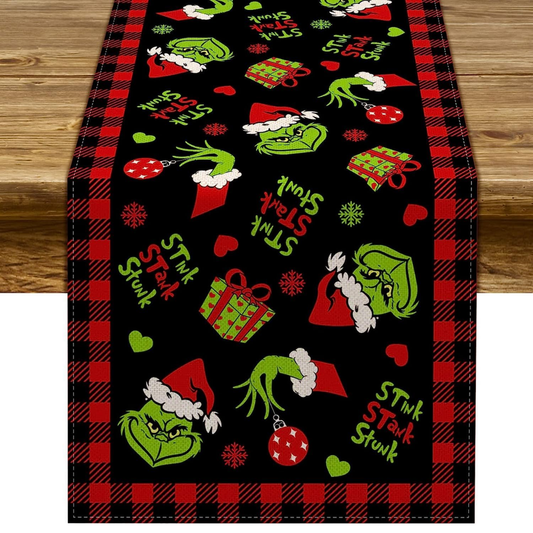 Camino de Mesa Navidad Grinch Cuadros Rojos y Negros