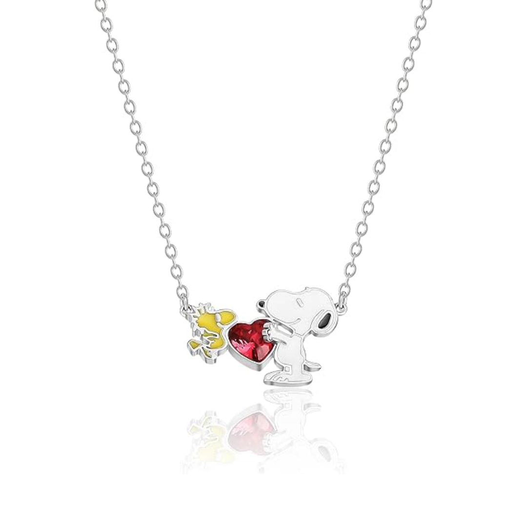 Collar Oficial Snoopy y Woodstock – Colgante con Corazón de Cristal Rojo