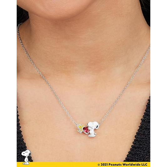 Collar Oficial Snoopy y Woodstock – Colgante con Corazón de Cristal Rojo